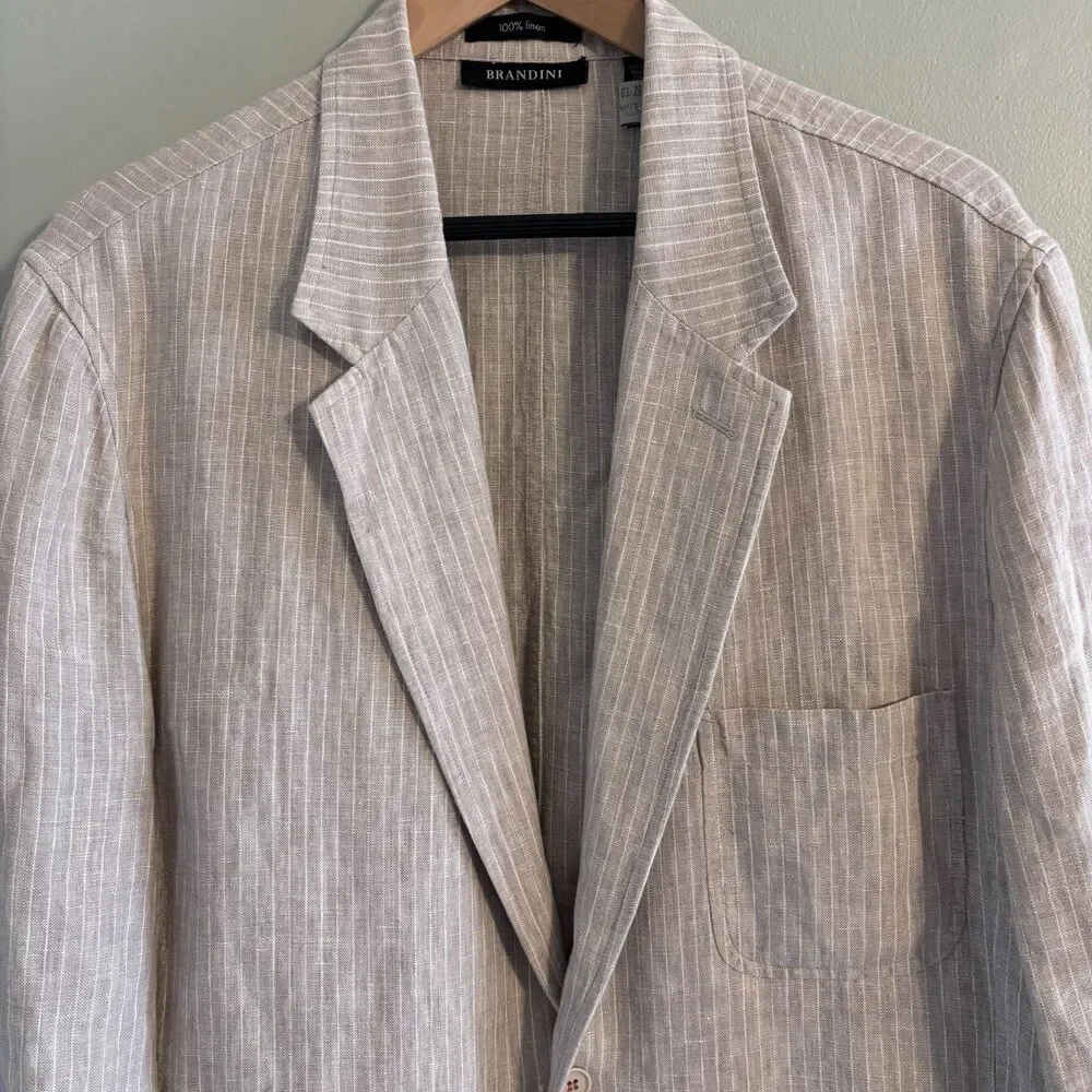 VTG Brandini Men's XL Linen Striped Sport Coat Blazer Jacket Beige Coastal Prep